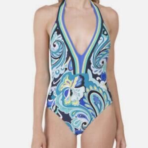 NEW Trina Turk Ipanema Plunge Geometric Print One Piece Swimsuit Size 6 Blue